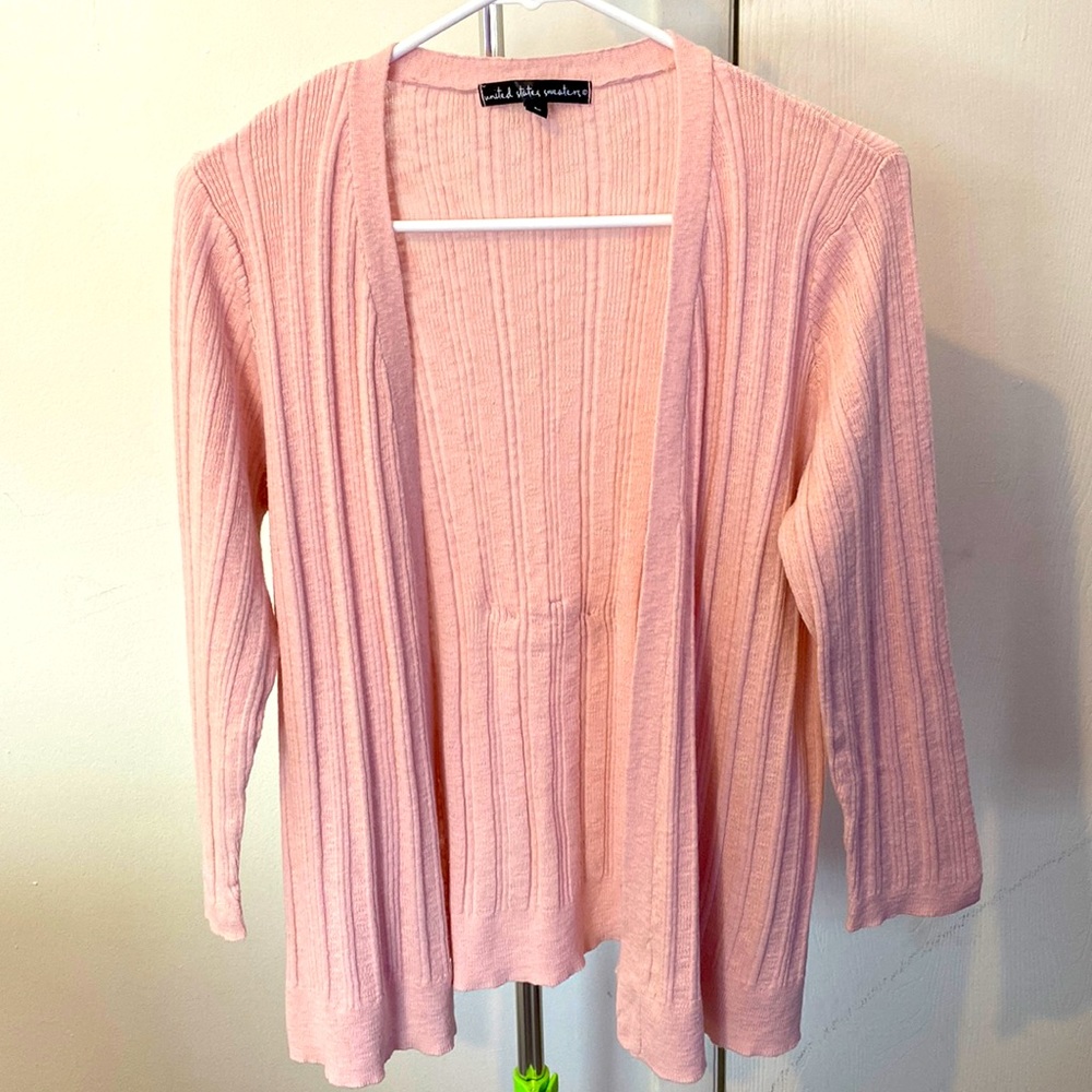 Cotton candy pink open front cardigan.